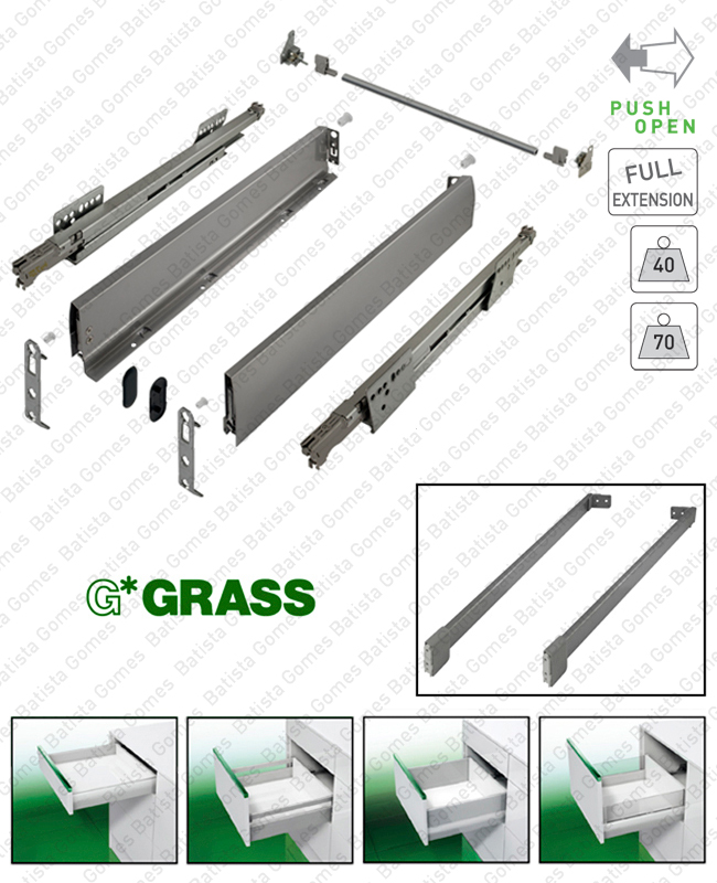 Sistema de laterais com corredi�as TIPMATIC (Sistema Push Open) para gavetas e gavet�es / Extra��o total / 40 e 70kg